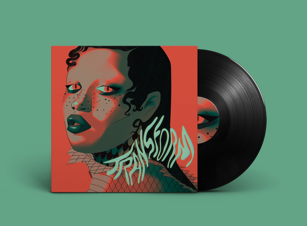 Design de vinyle titré Transform, portrait illustré d'une femme serpent en pleine mue, créé par Syno (Synopsies)