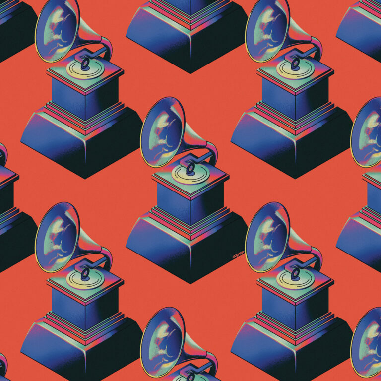 Illustration représentant de nombreux grammy awards dans un style très coloré, par Syno (Synopsies)