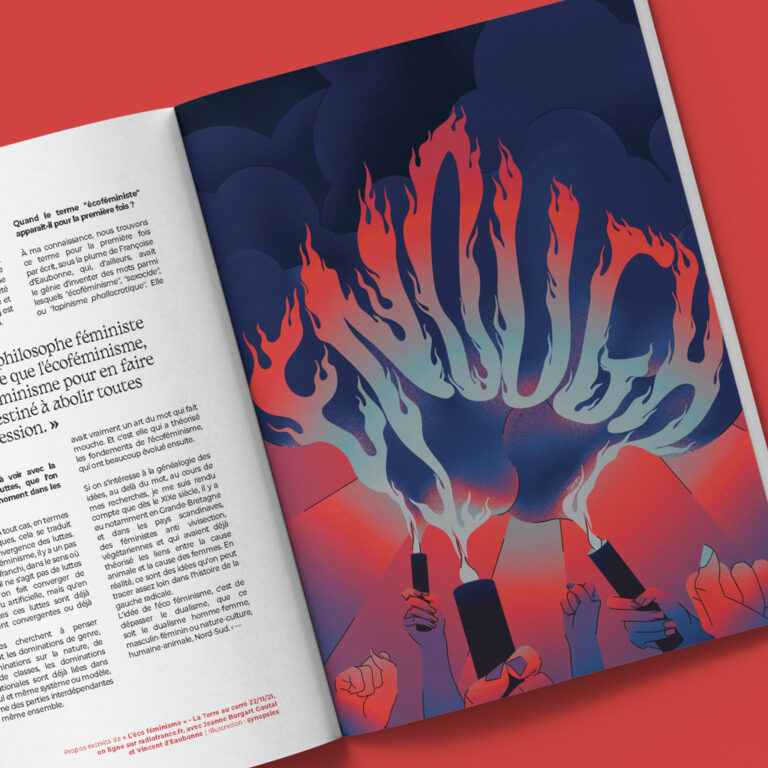 A l'occasion du 8 mars, journée internationale des droits des femmes affiche illustrée par Syno (Synopsies) contre les violences. On y voit une épaisse fumée émanant d'une foule manifestant poings levés avec le slogan enflammé "Enough" (qu'on peut traduire par "ça suffit"). Couleurs très pop et saturées. Magazine.