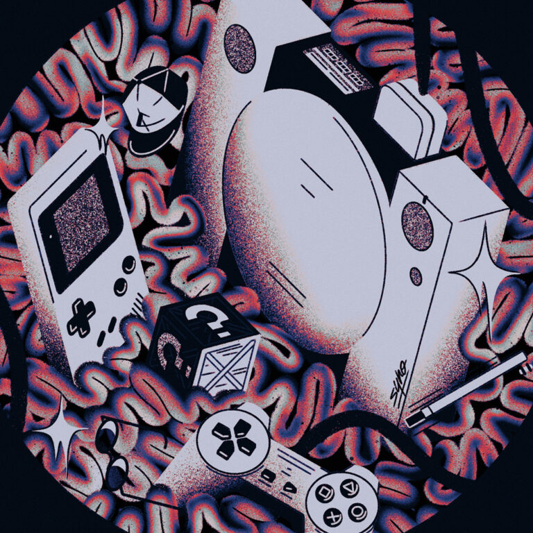Illustration présentant des consoles de jeux vidéo et références pop culture rétro dans un cerveau. Par Syno (Synopsies).