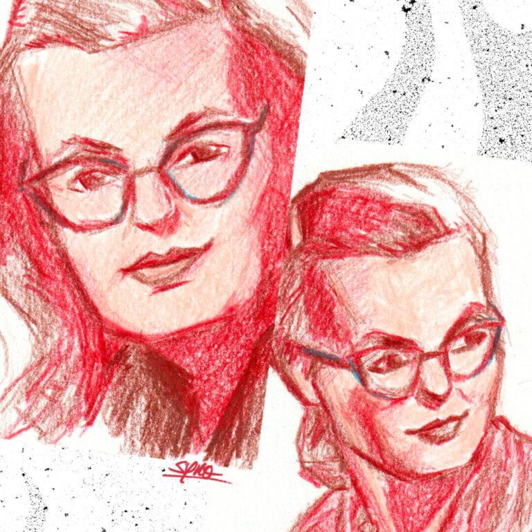 Double portrait de Shirley Jackson, autrice de The Haunting of Hill House, dessinéeau crayons de couleur rouge et marron par Mélissa Tricot aka Syno (Synopsies)