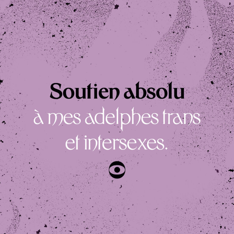 Citation sur fond rose texturé "Soutien absolu à mes adelphes trans et intersexes." par Mélissa Tricot, aka Syno (Synopsies).