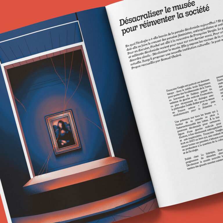 Illustration représentant la joconde, derrière une vitre fissurée au Musée du Louvre, par Syno (Mélissa Tricot aka Synopsies)