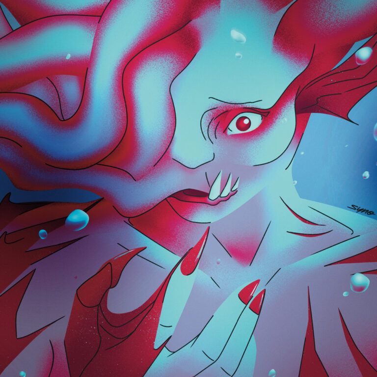 Détail d'une illustration colorée d'une créature marine effrayée par sa propre métamorphose par Syno ou Synopsies (Mélissa Tricot)