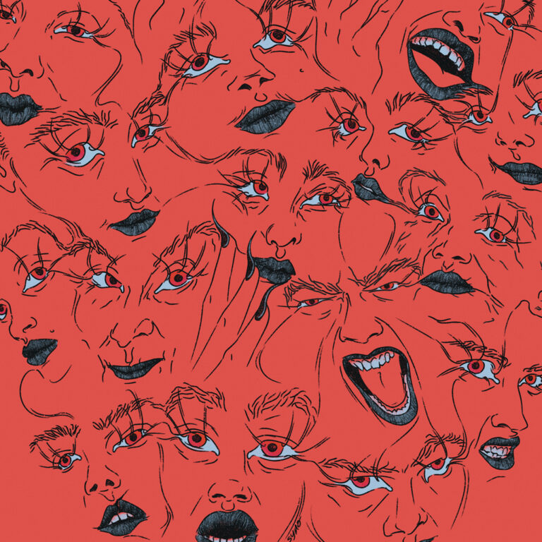 Illustration représentant des visages féminins comme fusionnés, exprimant une diversité d'émotions. Par Syno ou synopsies (Mélissa Tricot)